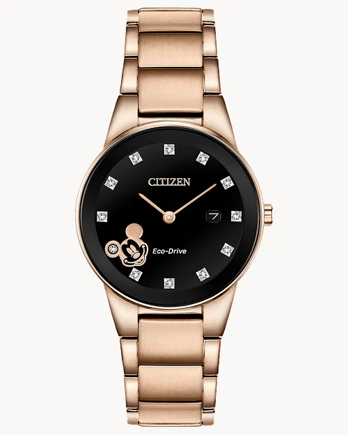 Citizen Mickey Mouse Ladies Eco Drive Rose Gold Black Dial Watch CITIZEN